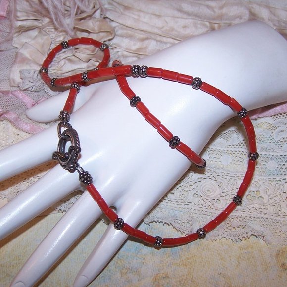 Sterling Silver and Red Coral Bead Necklace and Bracelet - Picture 6 of 8